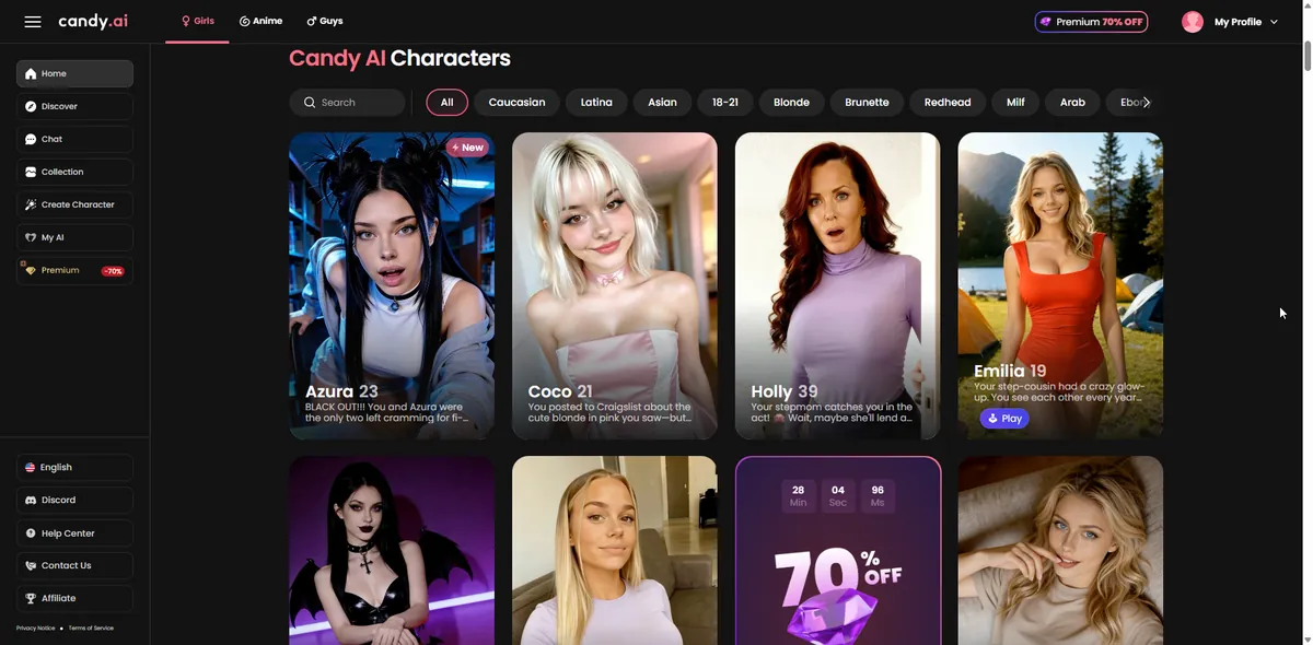 Candy.ai character library grid showing realistic and anime character thumbnails with personality tags