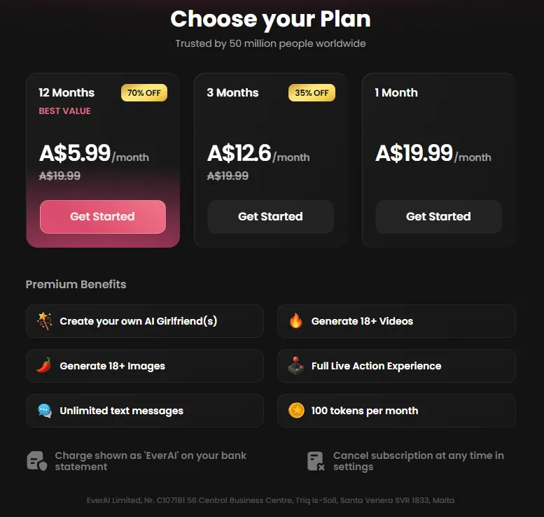 Candy.ai pricing offer screen showing monthly and annual plan options with discount on annual