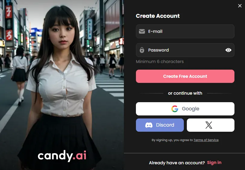Candy.ai signup screen with email and password fields and Google sign-in option, captured from an Aussie IP