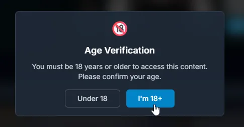 DarLink AI age verification modal with 'Under 18' and 'I'm 18+' buttons confirming the self-declaration gate