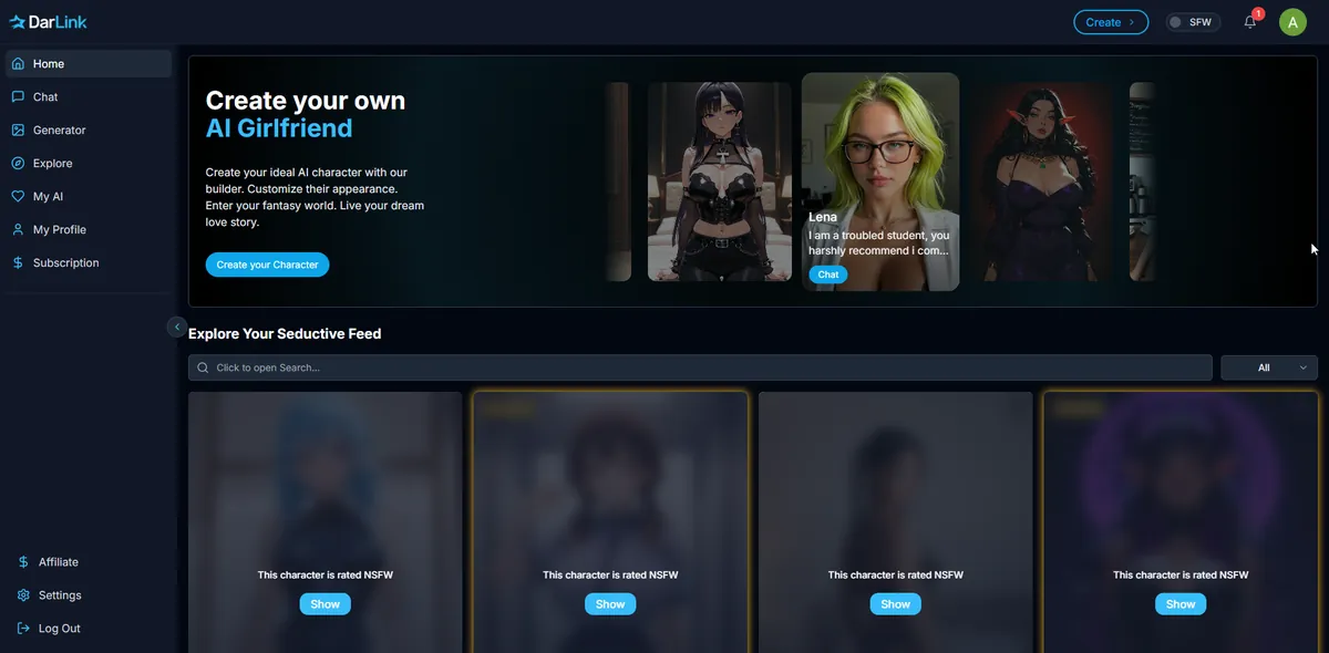 DarLink AI NSFW gallery with explicit thumbnails blurred and locked behind an age confirmation