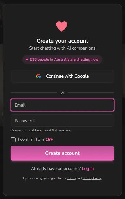 Dondi.ai signup form with Google sign-in option, email and password fields, and AU-targeted social proof line saying '528 people in Australia are chatting now'