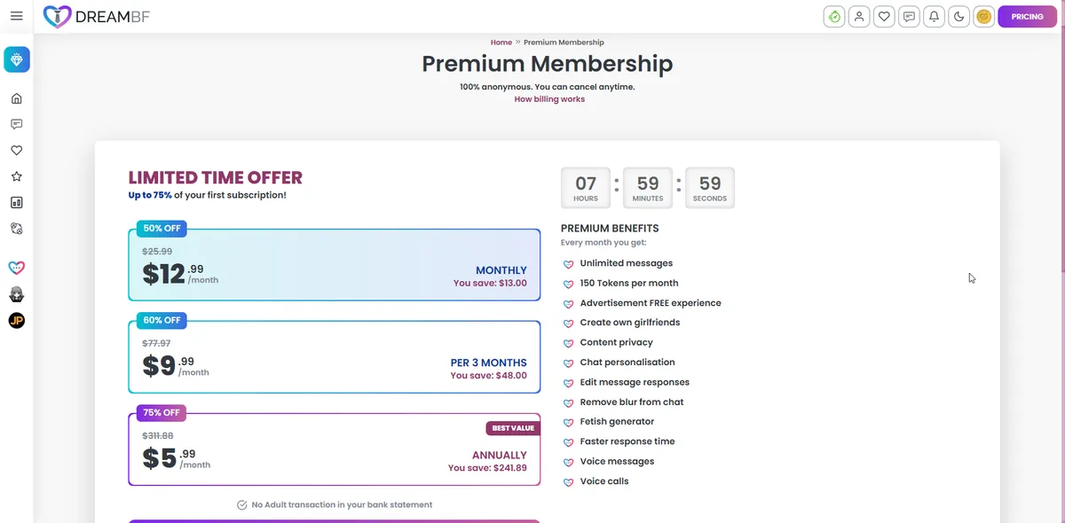 DreamBF.ai Premium Membership pricing screen showing USD prices — $5.99/month annual (75% off), $9.99/month per 3 months (60% off), $12.99/month monthly (50% off), with countdown timer and Premium Benefits including 150 tokens/month, unlimited messages, voice messages and calls