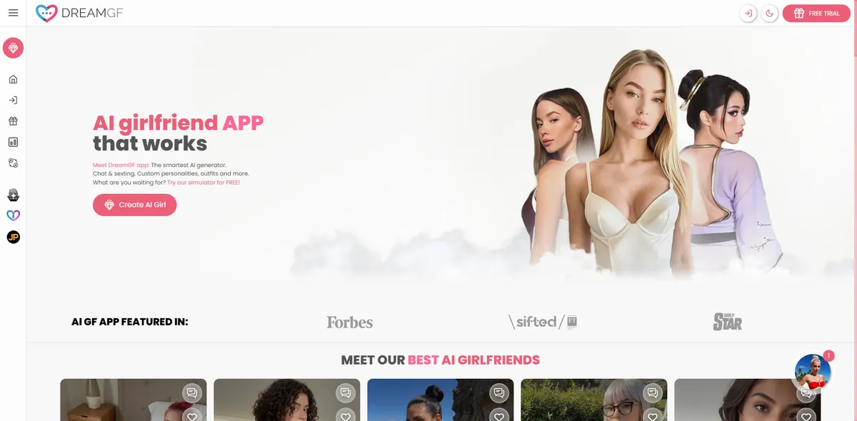DreamGF.ai first load from an Aussie IP, June 2026: pink hero, AI girlfriend APP that works, no age gate