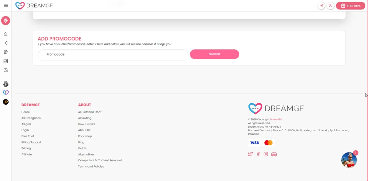 DreamGF.ai pricing screen footer disclosing DreamAI SRL, registration 48479324, Bucharest Romania