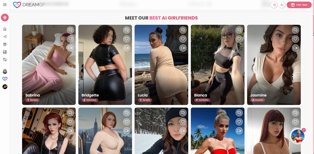 DreamGF.ai homepage character carousel showing five AI-generated female characters with personality tags Nympho, Submissive, Dominatrix, Innocent
