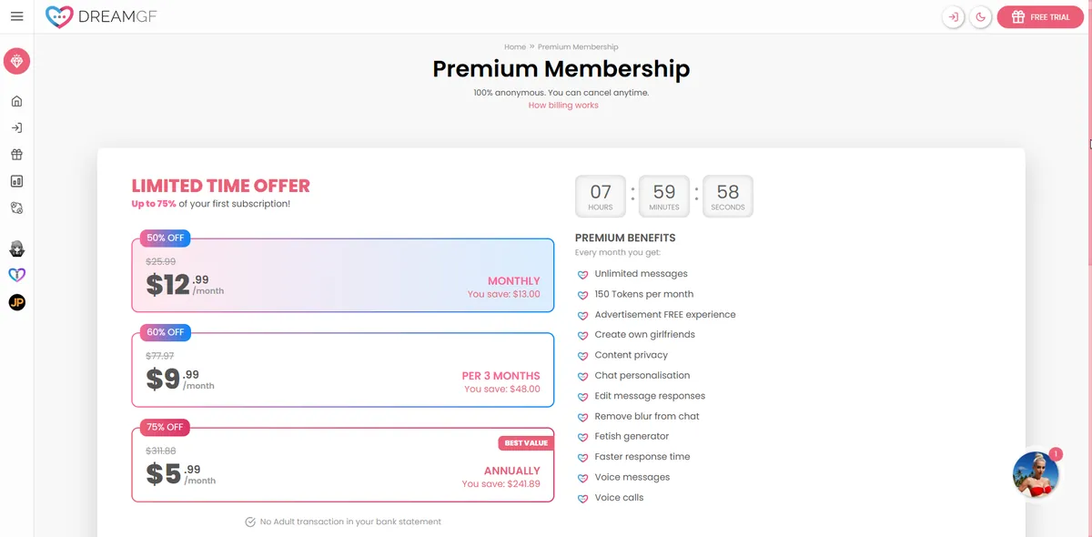 DreamGF.ai Premium Membership pricing screen: Monthly $12.99/mo 50% off, 3-month $9.99/mo 60% off, Annual $5.99/mo 75% off Best Value, with countdown timer and Premium Benefits panel