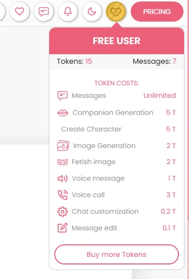 DreamGF free user token economy panel: 15 tokens credited, messages unlimited, image generation 2 tokens, voice message 1 token, voice call 3 tokens, character creation 5 tokens