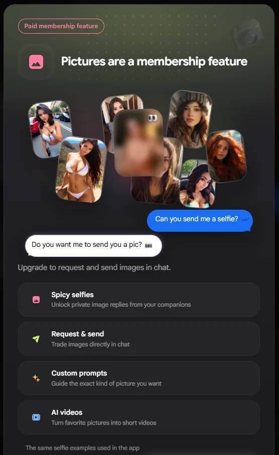 Nastia paywall modal reading Pictures are a membership feature, triggered after the AI companion offered to send a photo on the free tier