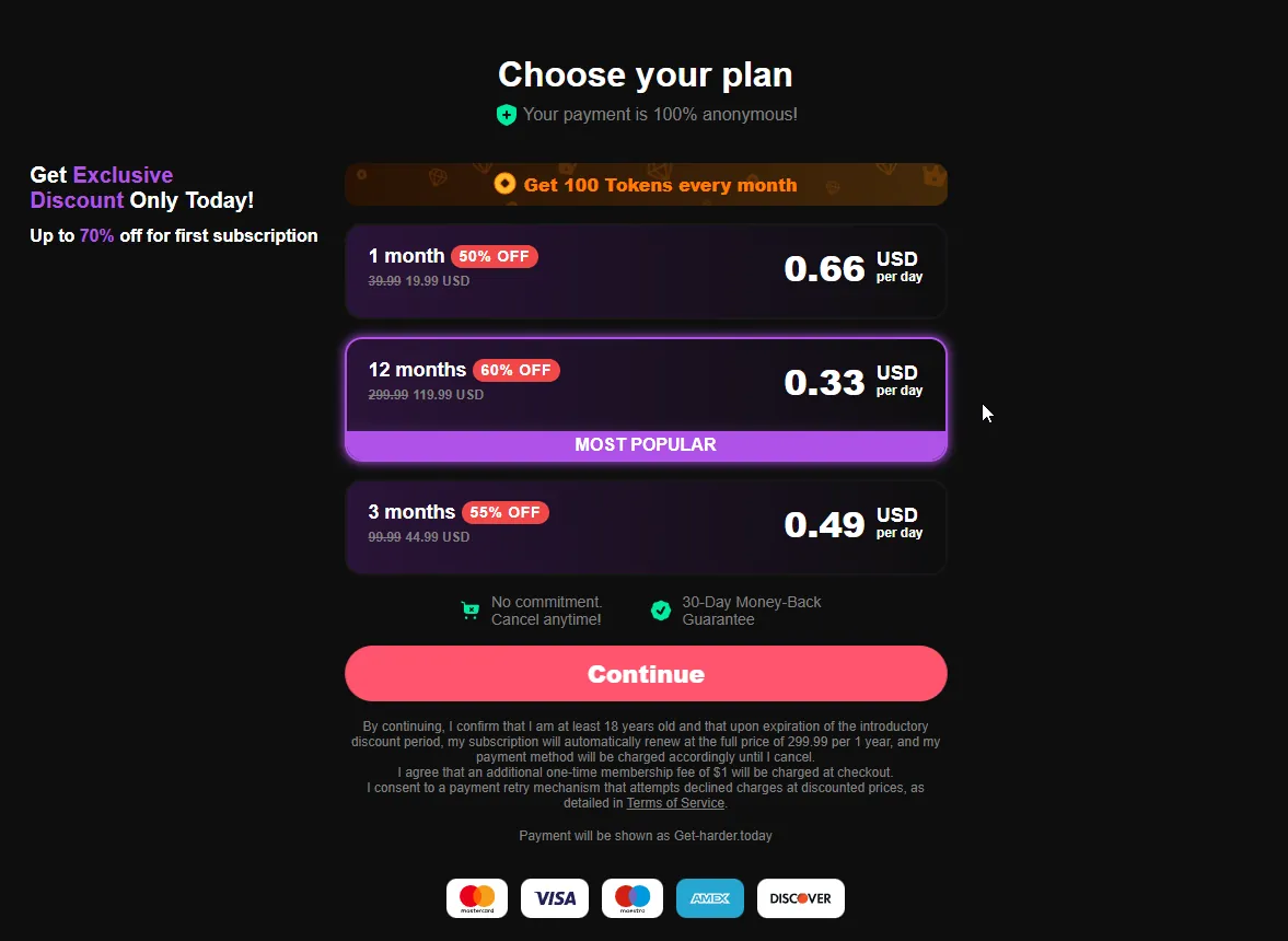 Get-Harder.today exit-intent popup with countdown timer and one-time offer listing 100 tokens, chat access, photo generation, and character creation as free $0.00 against original prices
