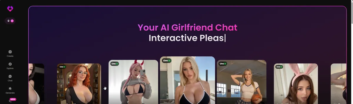 GoLove AI Explore page with Create Your AI Girlfriend hero, filter chips for personality types, and Join In Live characters panel