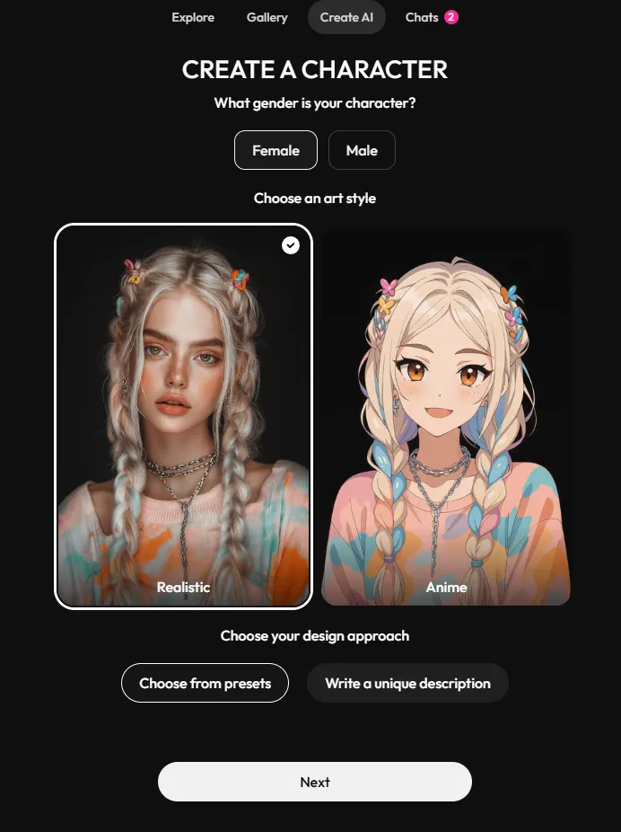 JOI character creation screen showing customisation options for an AI companion