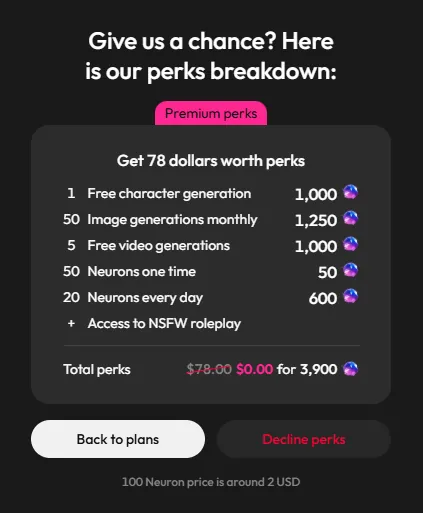 JOI plan perks panel listing features included on the paid tier