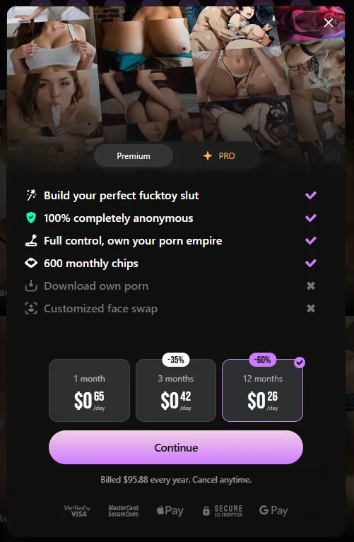 Lovescape Premium pricing screen showing 1-month, 3-month and 12-month billing options with the annual discount