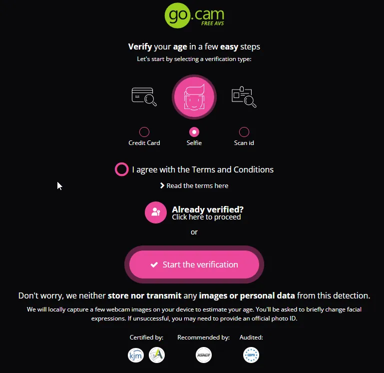 OurDream.ai third-party age verification via go.cam offering credit card, selfie age estimation, or photo ID scan with kjm and GDPR certifications