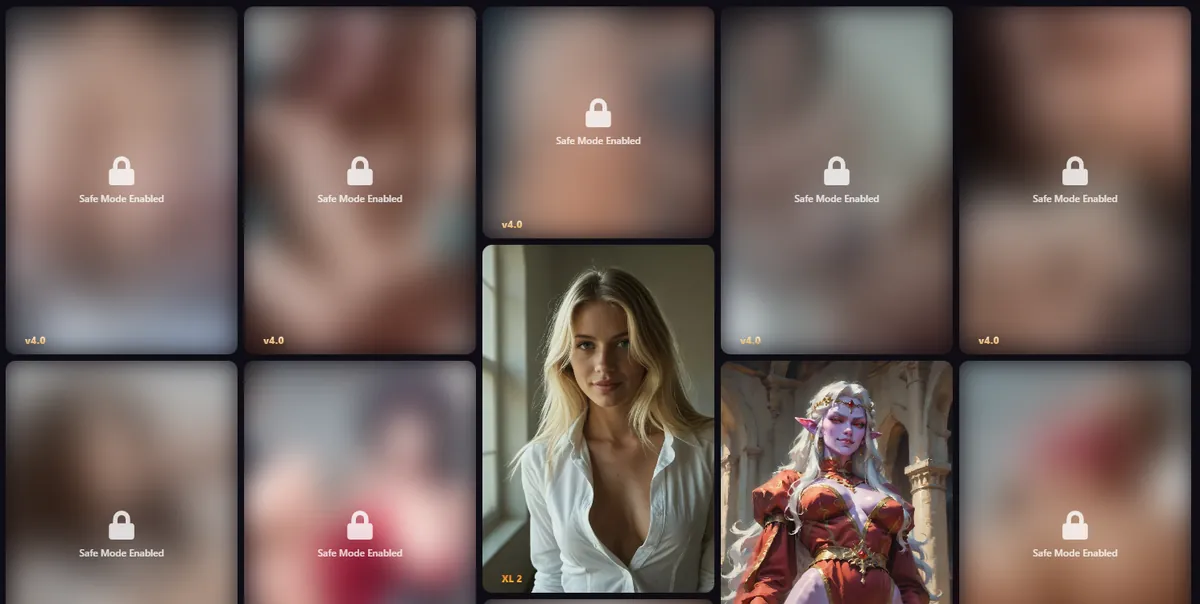 Promptchan Explore feed with NSFW thumbnails locked behind Safe Mode padlock icons