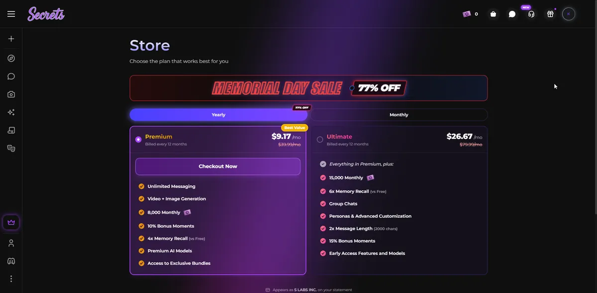 Secrets.ai pricing page showing monthly and annual plan options in USD