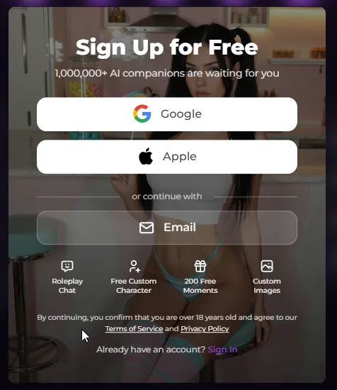 Secrets.ai signup form with email and password fields, no social login required
