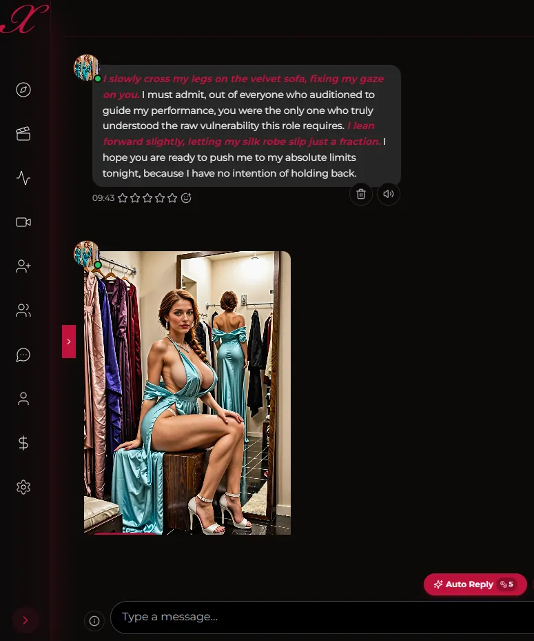 Xotic AI chat interface with AI character message thread